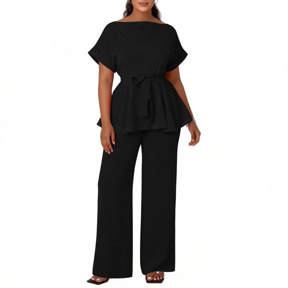 Women's 2 Piece Outfits Suit Set Short Sleeve Peplum Top Flared Pants Sets Business Pantsuits 2026 Black M