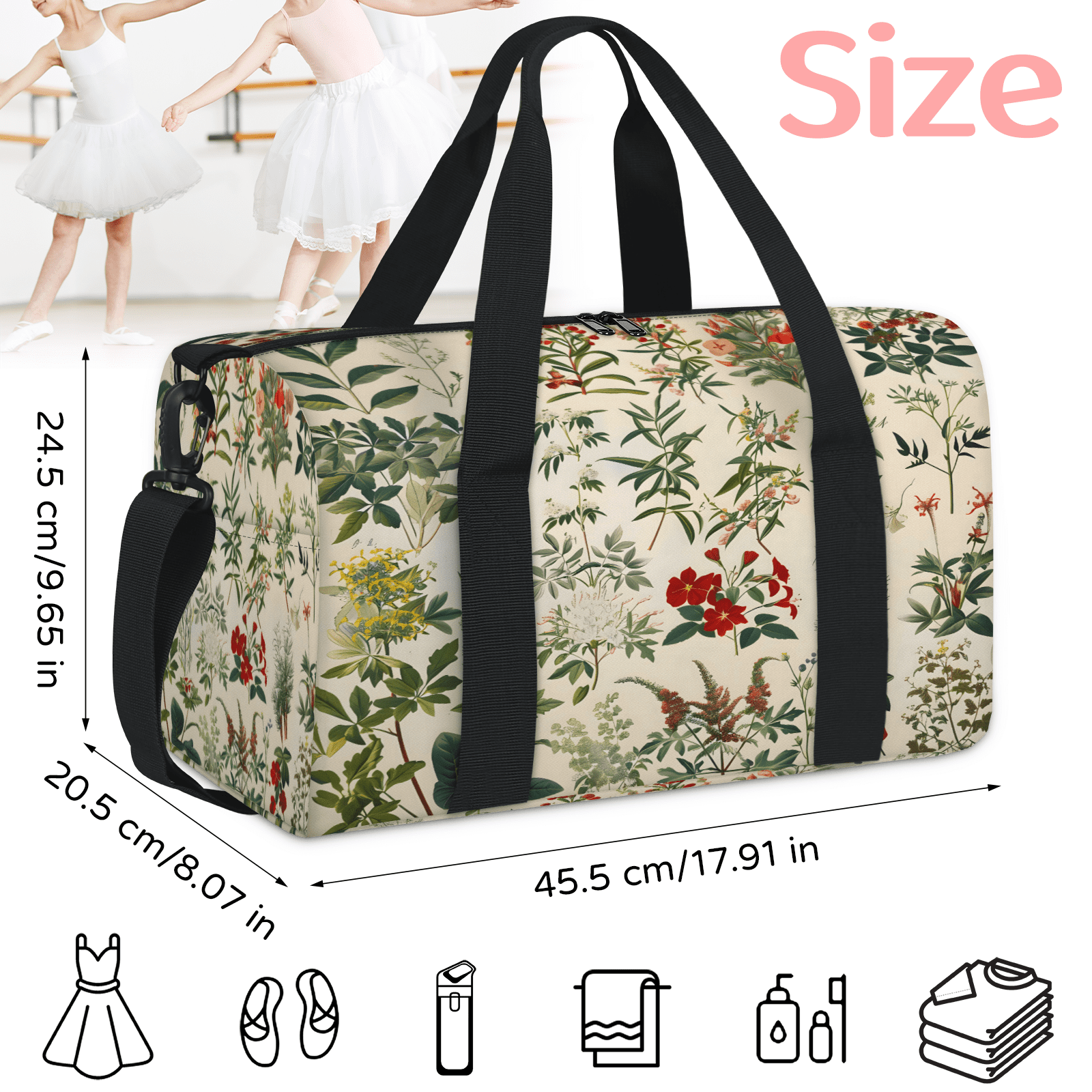 Herdesigns Spring Summer Floral Vintage Wildflower Gym Bag for Women, Duffle Bag for Travel Sport, Lightweight Waterproof Carry on Weekender Overnight Dance Yoga Workout Bags