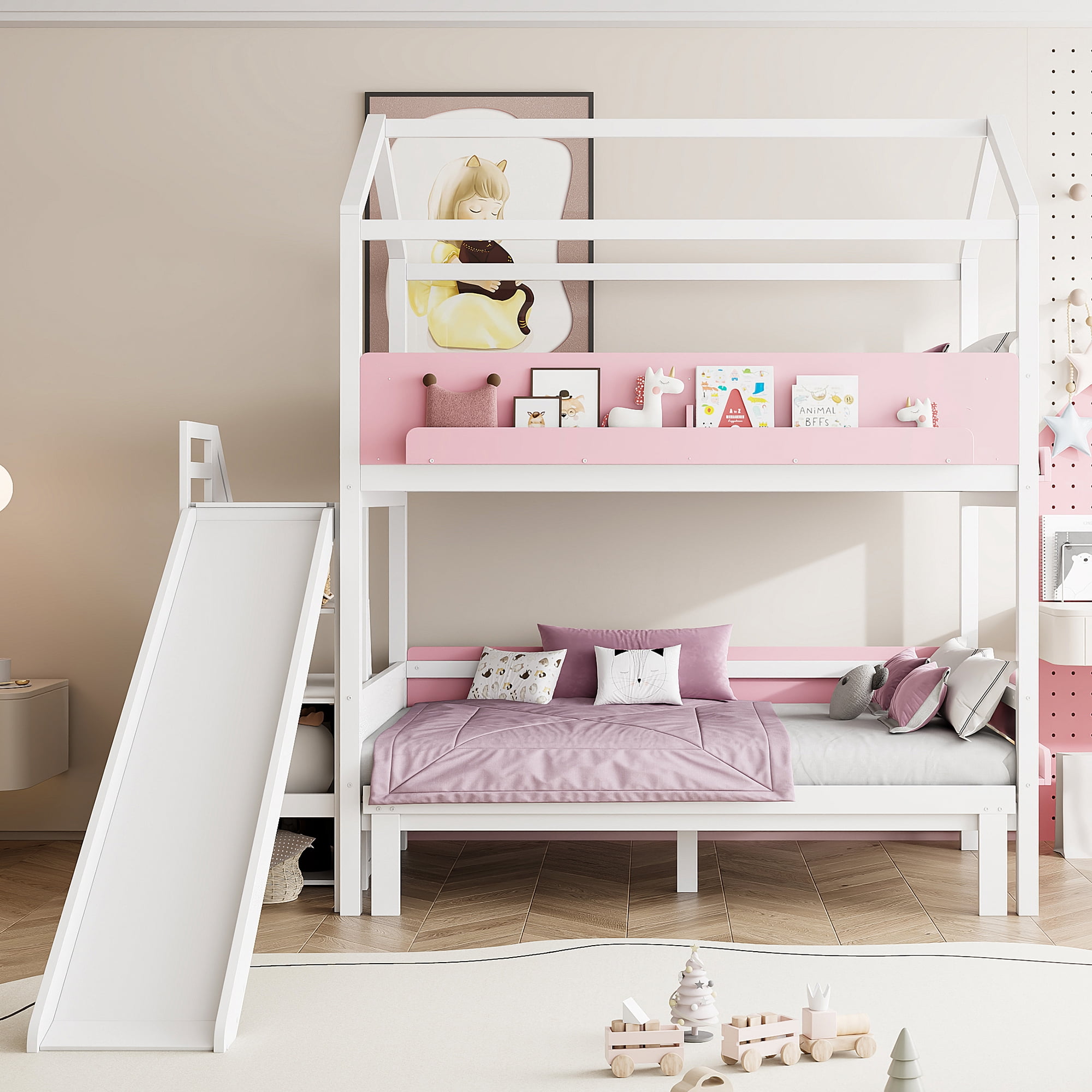 Mintazer Kids Twin Over Full Bunk Bed House-Shaped Bed Frame with Slide & Storage Staircase for Children Bedroom, Pink