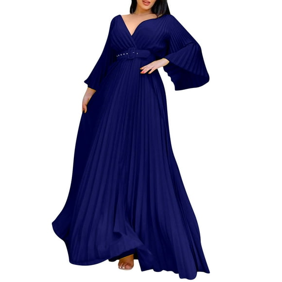 WTXUE Long Sleeve Dress, Women's Deep V-Neck Plus Size Evening Dress Long Sleeves with Belt, Blue Dress Women, Blue M