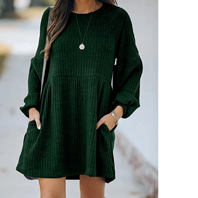 Jupe en Tricot Côtelé pour Femmes, Manches Lanterne, Col Rond, Robe Courte, Chandail-Over, Jupe Chandail avec Poches, Automne Hiver, Jupe du Bas
