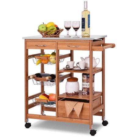 Gymax Bamboo Rolling Kitchen Island Trolley Cart Storage Shelf