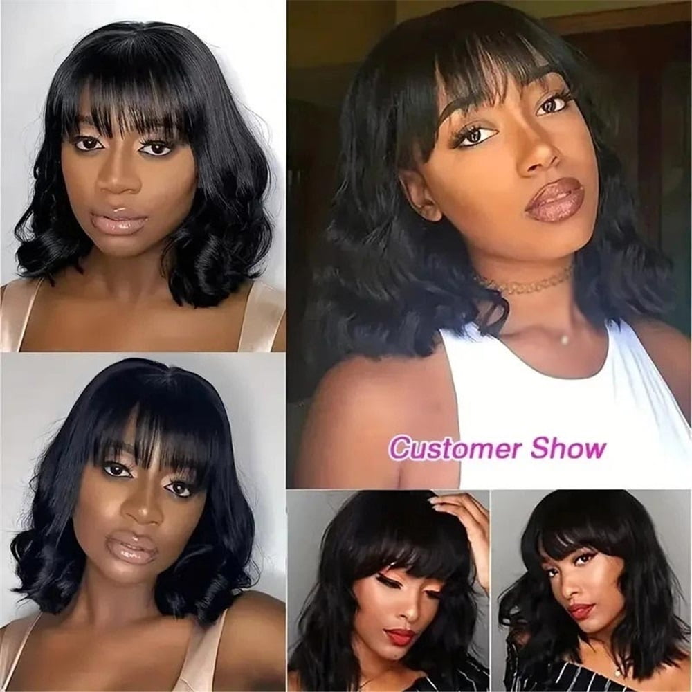 Short Body Wave Human Hair Bob Wigs with Bangs Brazilian Wig  for Women