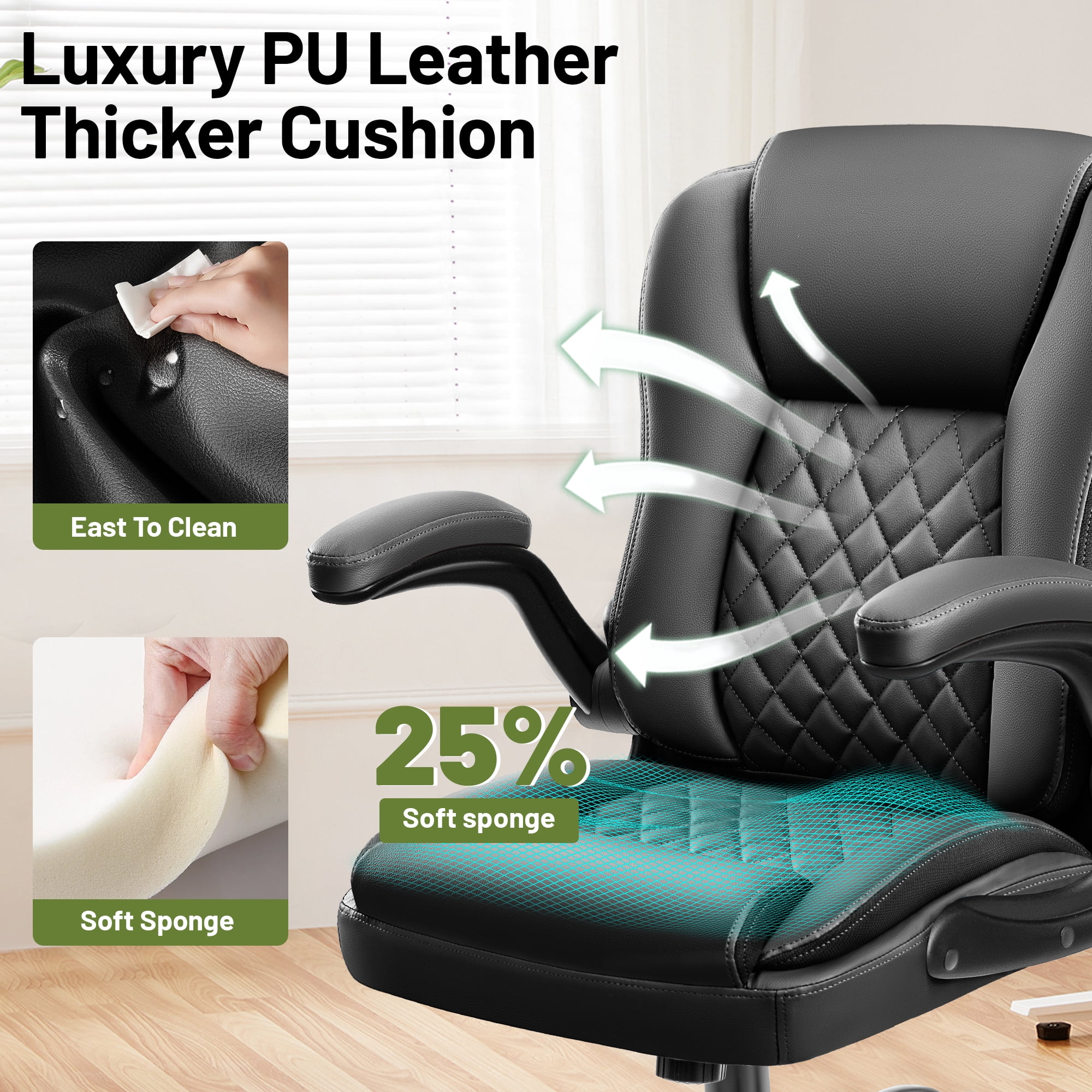 ATHOPE Leather Office Chair, 400lbs Ergonomic Desk Chairs with Back Support, Computer Chair with Wheels and Adjustable Armrest for Home Office, 360°Swivel Free, Black