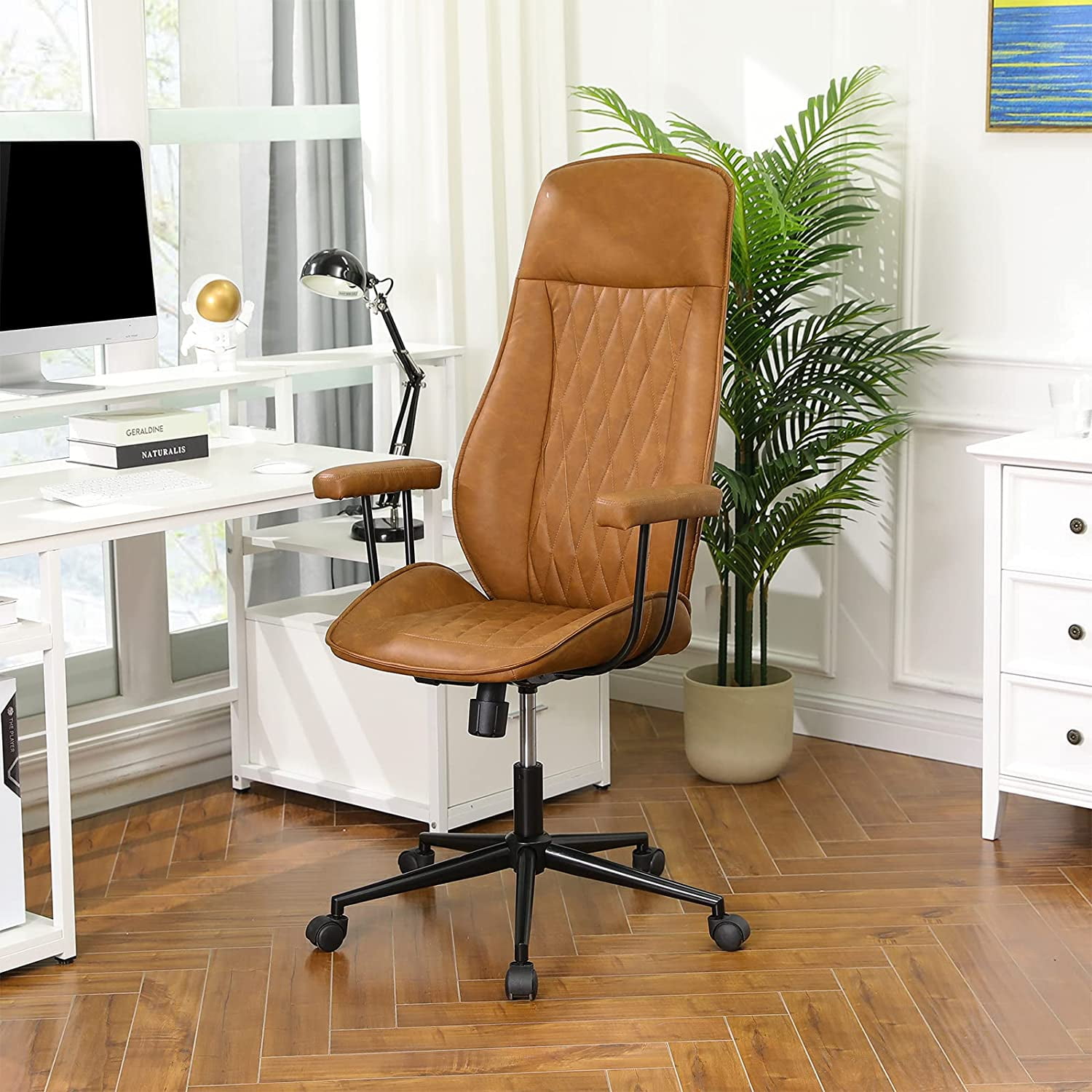DICTAC High Back Office Chair Brown Leather Computer Chair