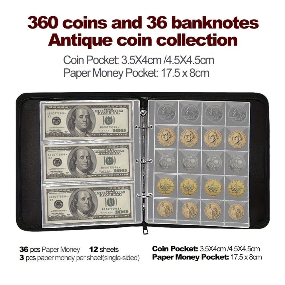 Coin Collection Album for Collectors with Lock, 360 Pockets Fireproof Coin Holder Book & 36 Paper Currency Binder Sleeves, Coin Storage Collecting Organizer for Pennies,Bill,Tokens,Badges（oniy bag）