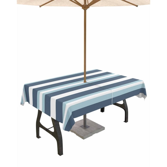 Outdoor Tablecloth with Umbrella Hole for Patio/Picnic/Party/Camping, Blue Striped Waterproof Table Cloth Rectangle Table Cover Washable, Modern Gradient Abstract Lines Aesthetic 54"x 80"