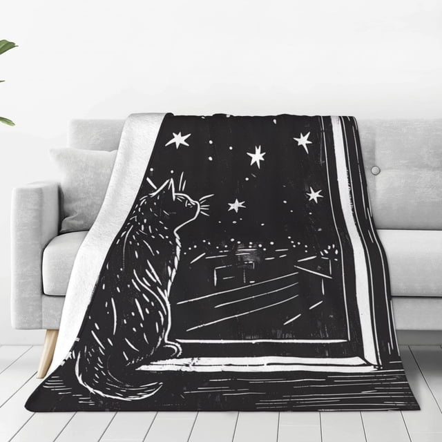 Fotbe Star Gazing Cat Illustration Manta de Franela Acolchonada con Estampado, Súper Suave y Esponjosa, Extra Grande para Sofá, Cama, Uso Todo el Año-60"x50"