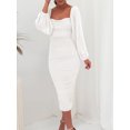 thumbnail image 2 of Mialoley Women's Slim Midi Dress Solid Color Long Sleeve Square Neck Slit Ruched Dress Party Gown, 2 of 9