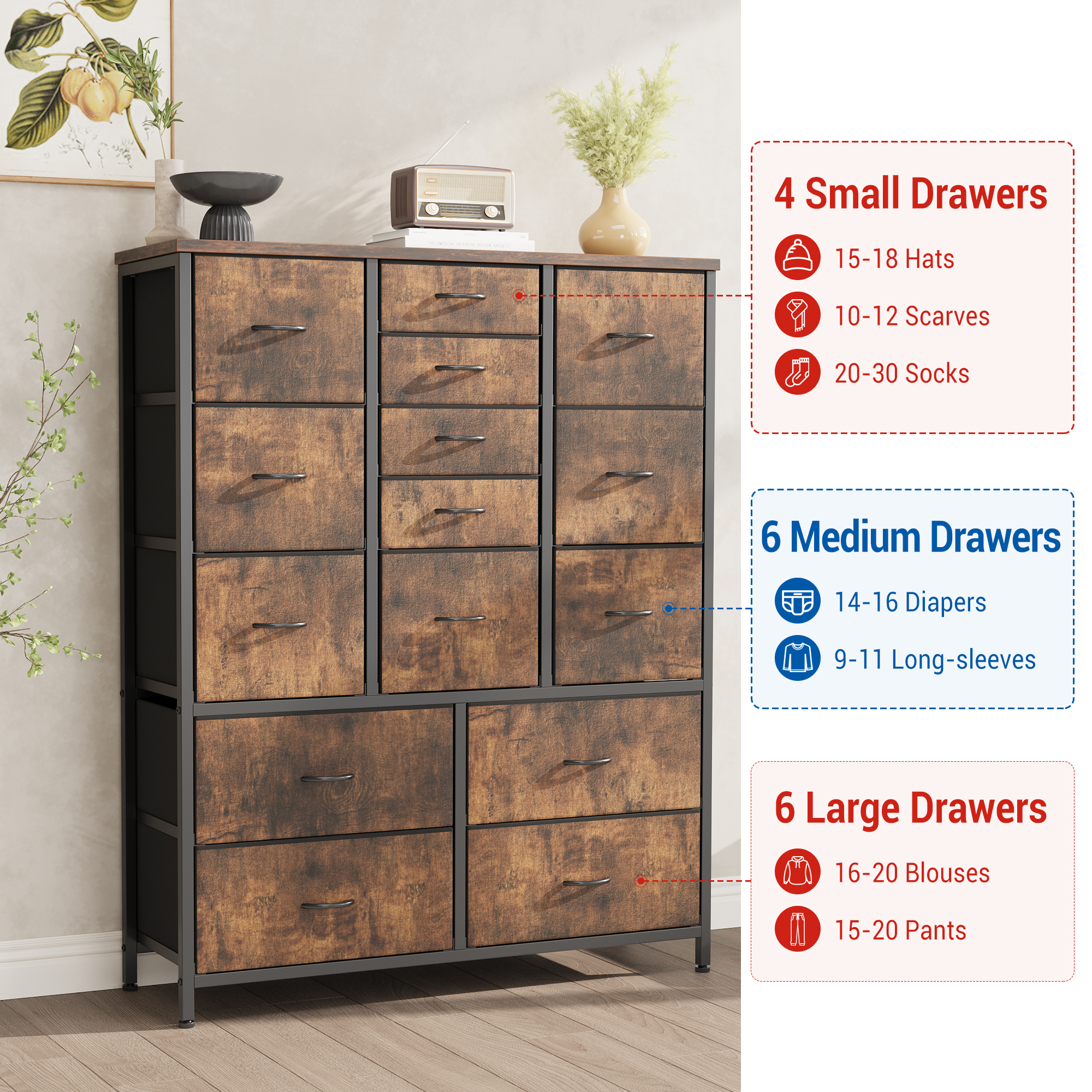 Towallmark 48" H Tall Dresser with 15 Drawers Dressers for Bedroom Fabric Storage Dresser & Chest of Drawers(Brown)
