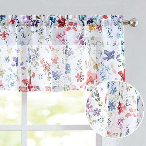 Floral Kitchen Curtains Valance 15 Inch Length Colorful Flower Print on Linen Textured Sheer Window Topper for Bathroom Small Curtains for Kitchen Windows 56" W x 15" L Watercolor,1 Panel
