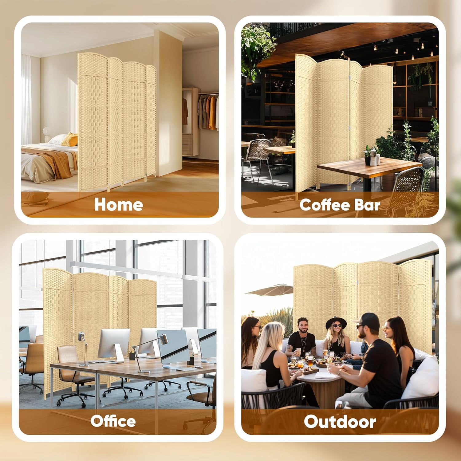 Jostyle Room 6ft Tall Divider with Hand-Woven Design, 4-Panel Folding Privacy Screen Freestanding White