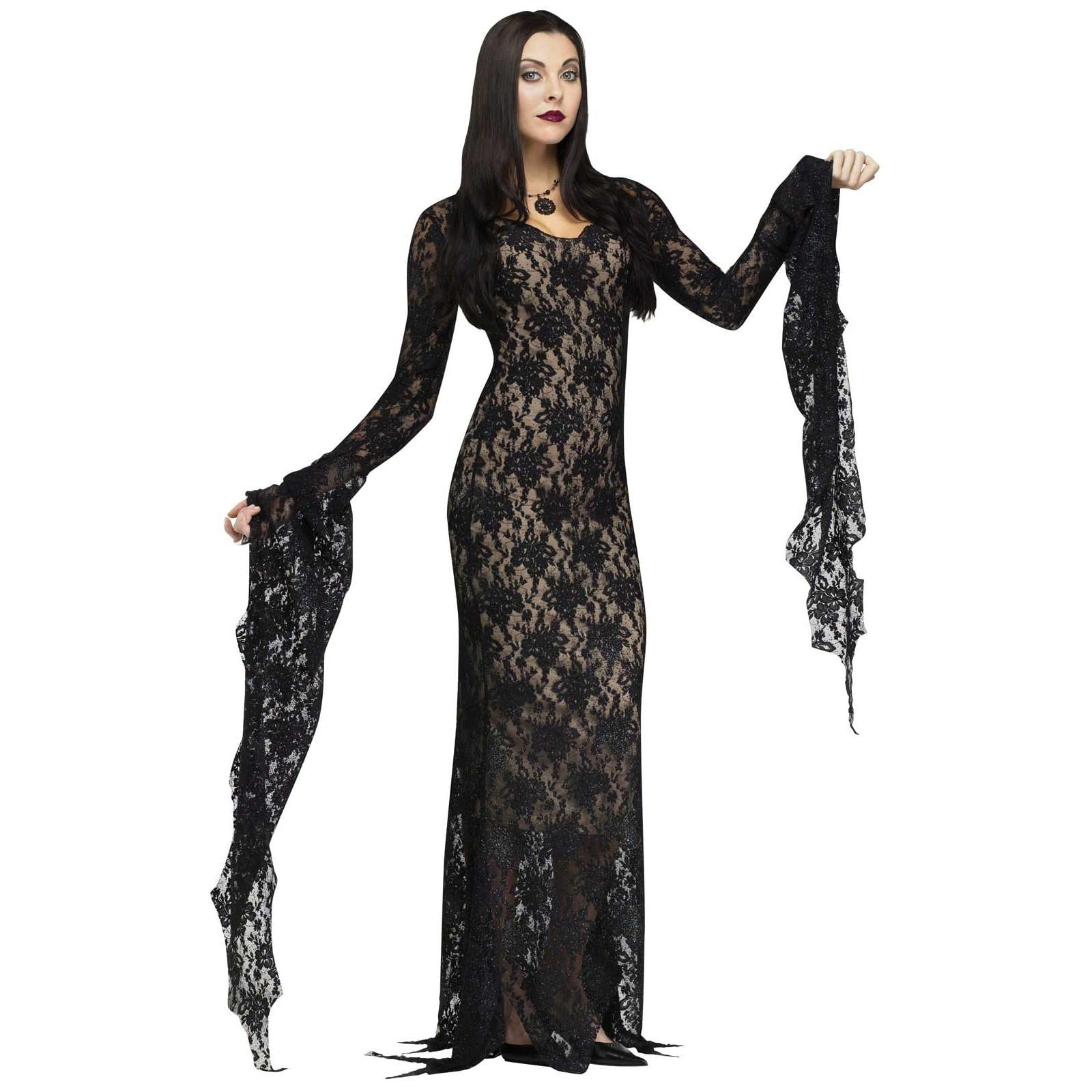 Ladies Morticia Addams Costume Adams Family Fancy Dress Halloween Womens Outfit 