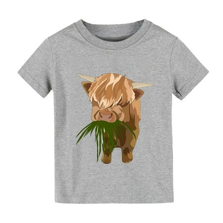 

ZRBYWB Summer Solid Color Cartoon Highlands Cow Print Boy Girl Clothes Tops Short Sleeve T Shirts For Boy Girl Summer Tops