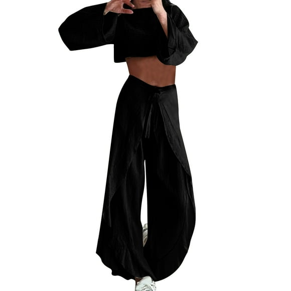 FRSASU Womens 2 Piece Summer Outfit Lounge Set Long Sleeve Crop Top and Pant Set Tracksuit Travel Matching Outfit Black M(M)