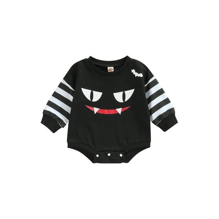 

Peyakidsaa Halloween Newborn Baby Romper Stripe Long Sleeve Ghost Demon Expression Pattern Elastic Bodysuit