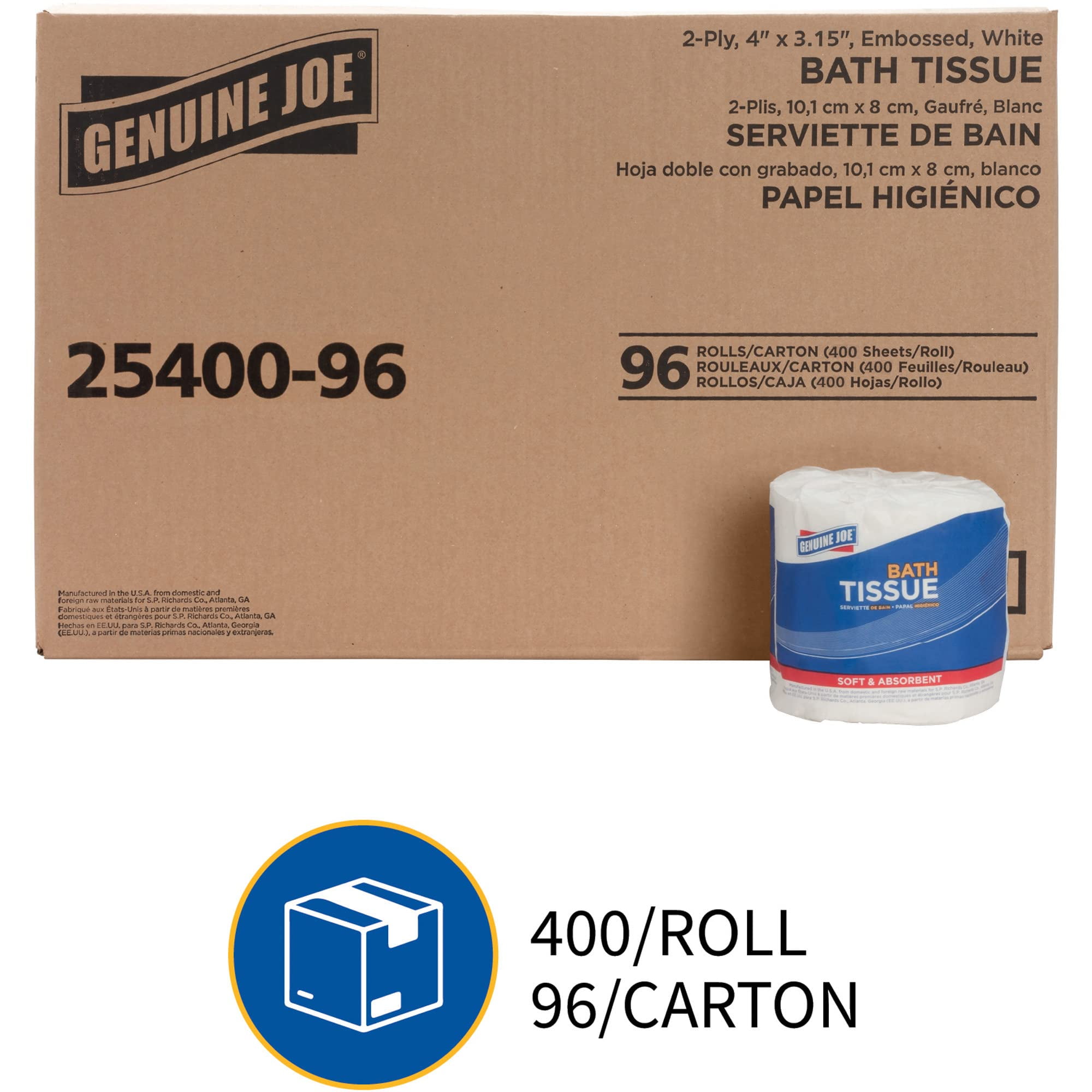 Genuine Joe 2-ply Standard Bath Tissue Rolls - 2 Ply - 3" X 4" - 400 Sheets/roll - White - Perforated, Absorbent, Soft, Embossed - For Restroom - 96 - 96 / Carton