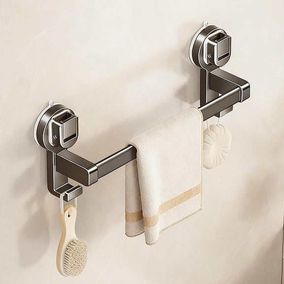 No-Drill Suction Cup Towel Bar | Single Bar Rack with Shelf & Hooks | Damage-Free Bathroom & Kitchen Organizer | 1-Pack