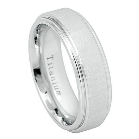- Men Women 7MM Comfort Fit Titanium Wedding Band Flat Frosted Brushed Center Step Edge Titanium Ring (Size 7 to 12)