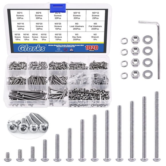 Glarks 1021 Pcs Vis à Tête Bouton M3 304 Acier Inoxydable Bouchon de Douille Hexagonale Vis Boulons et Écrous Rondelles Kit d'Assortiment avec Clé Hexagonale pour Machines
