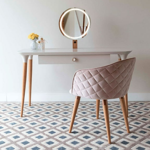 Manhattan Comfort 2-Piece HomeDock Vanity Dressing Table with Mirror Led Lights and Kari Accent Chair Set in Off White and Pink