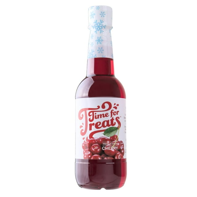 time for treats jarabe de cono de nieve cereza 16.9 fl oz. vkp1185 — botella frontal centrada de 500 ml con jarabe rojo cereza visible, etiqueta blanca con logo 'Time for Treats' y dibujo de cerezas, tapa blanca con copos de nieve y boquilla dosificadora anti‑derrame; envase de plástico transparente que muestra el líquido; indicado para conos de nieve, granizados, batidos y postres; también suele usarse para refrescos italianos y mocktails.