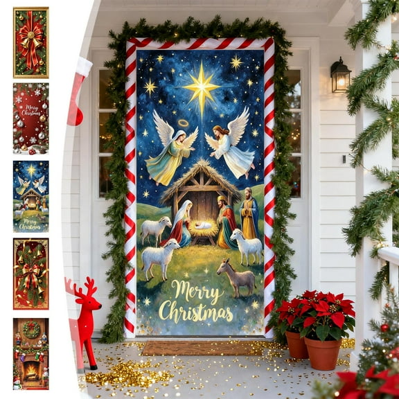Christmas Door Cover Flag Exquisite Doorway Decorative Christmas Background Door Curtain, Christmas Door Decorations Covers for Holiday Party Decor