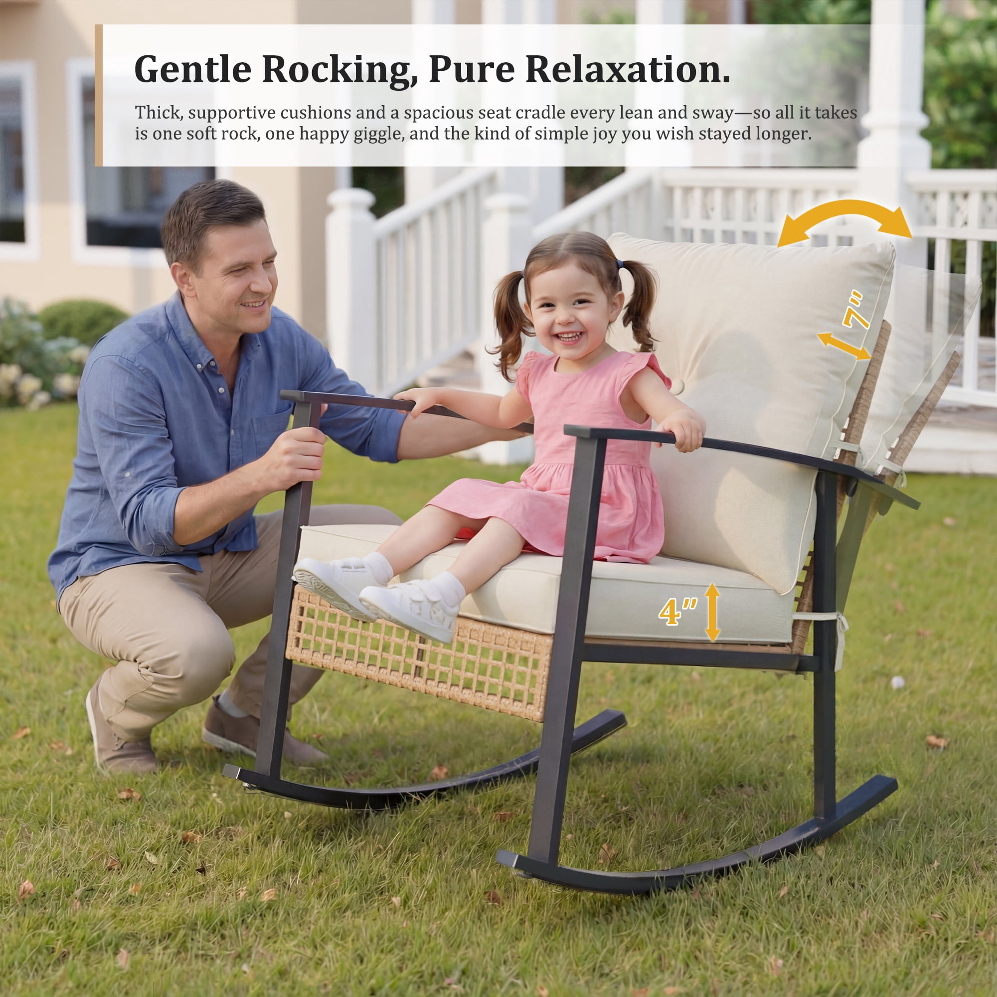 Deersky 4 Pieces Outdoor Patio Furniture Set with 2 All-Weather Wicker Rocking Chairs, Loveseat and Coffee Table, Easy Assembly for Balcony, Porch, Backyard