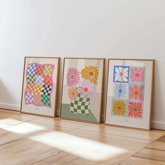 Trendy Wall Art Flower Market Art 70s Checkered Pink Green Set 3 Unframed Paper Print 8x12