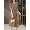 thumbnail image 2 of Summer Elegant Dresses Women Short Sleeve Work Vestido Loose Solid Turn Down Collar Shirt Dress Elastic Waist Sundress, 2 of 7