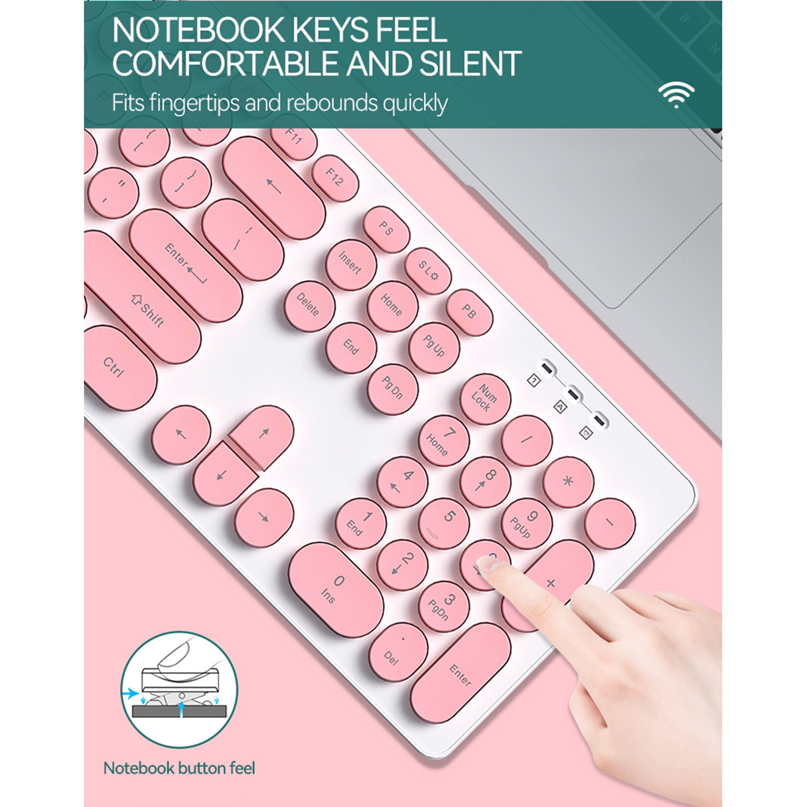 Wireless Keyboard and Mouse Combo, Retro Round Keycap Quiet 2.4GHz Keyboard with Mouse for Office Home Laptop