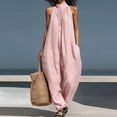 thumbnail image 2 of JULMCOMO Cotton Linen Jumpsuits for Women Collared Sleeveless Loose Fit Overalls Halter Eyelet Detail Casual Harem Pants with Pockets Pink S, 2 of 4