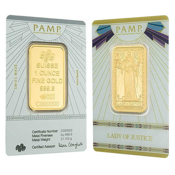 1 oz PAMP Suisse Lady of Justice Gold Bar .9999 Fine (in Assay)