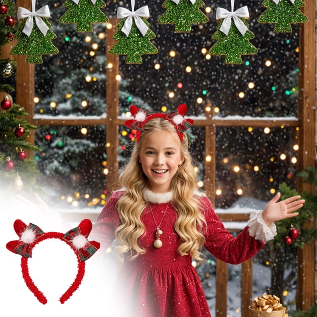 Aros para el Pelo de Alce de Peluche onlyliua con Cuernos navideños Lazos Rosas brillantes