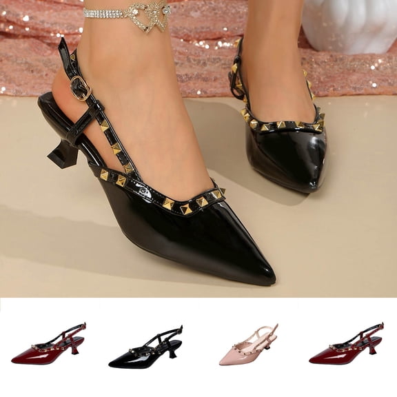 Women's Studded Slingback Heels, Trendy Pointed Toe Kitten Heel Pumps, Comfortable Patent Leather Dress Shoes for Spring Summer, Plus Size Available for Wide Feet, Fashionable Closed Toe Sandals