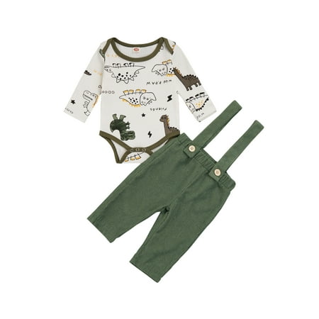 

Fiomva Baby Suspender Pants Set Long Sleeve Round Neck Romper Cross Strap Suspender Pants Green 0-3 Months