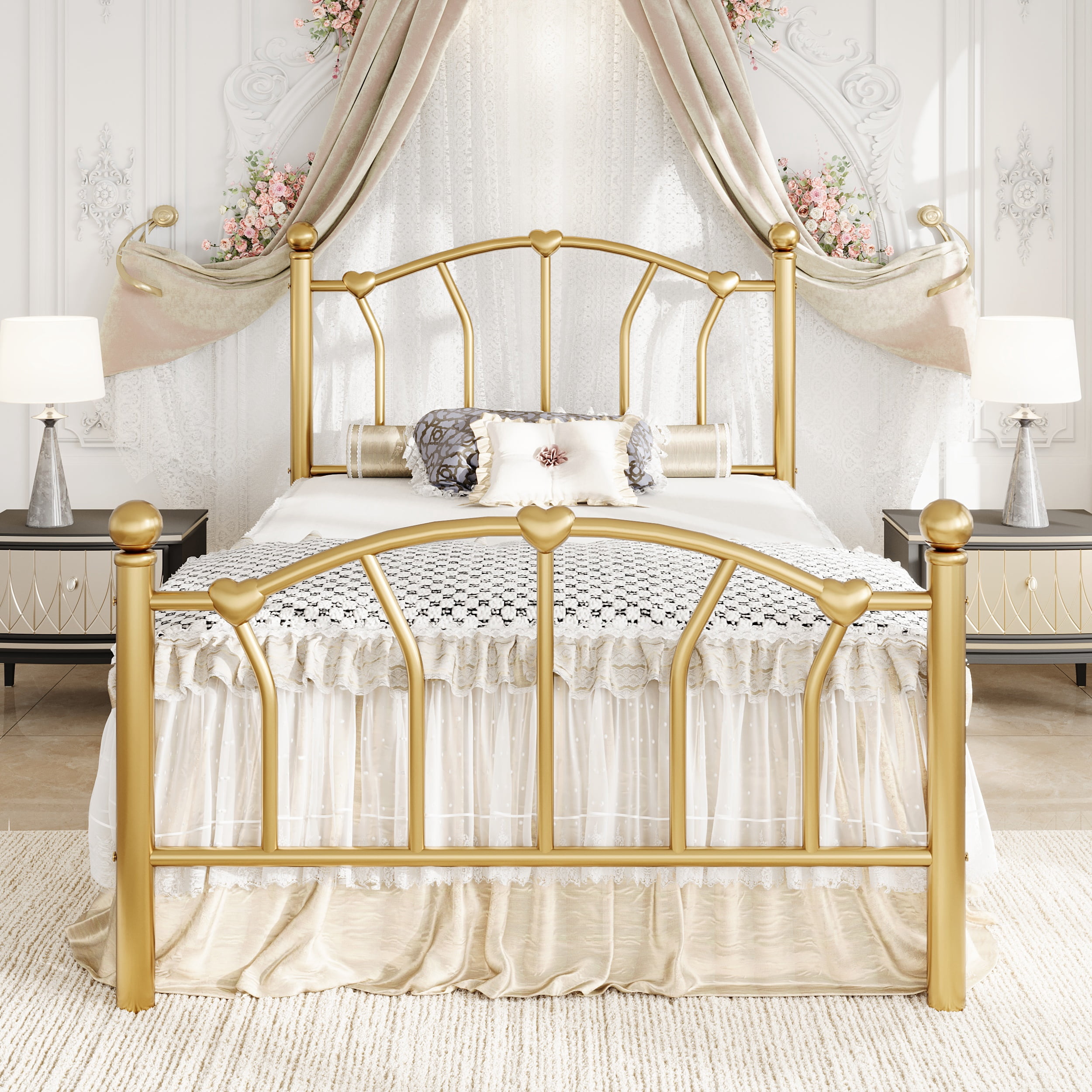 Amolife Twin Bed Frame, Metal Platform Bed with Heart-Shaped Headboard and Footboard, 12.6'' Under-Bed Storage Space, No Box Spring Needed, Gold