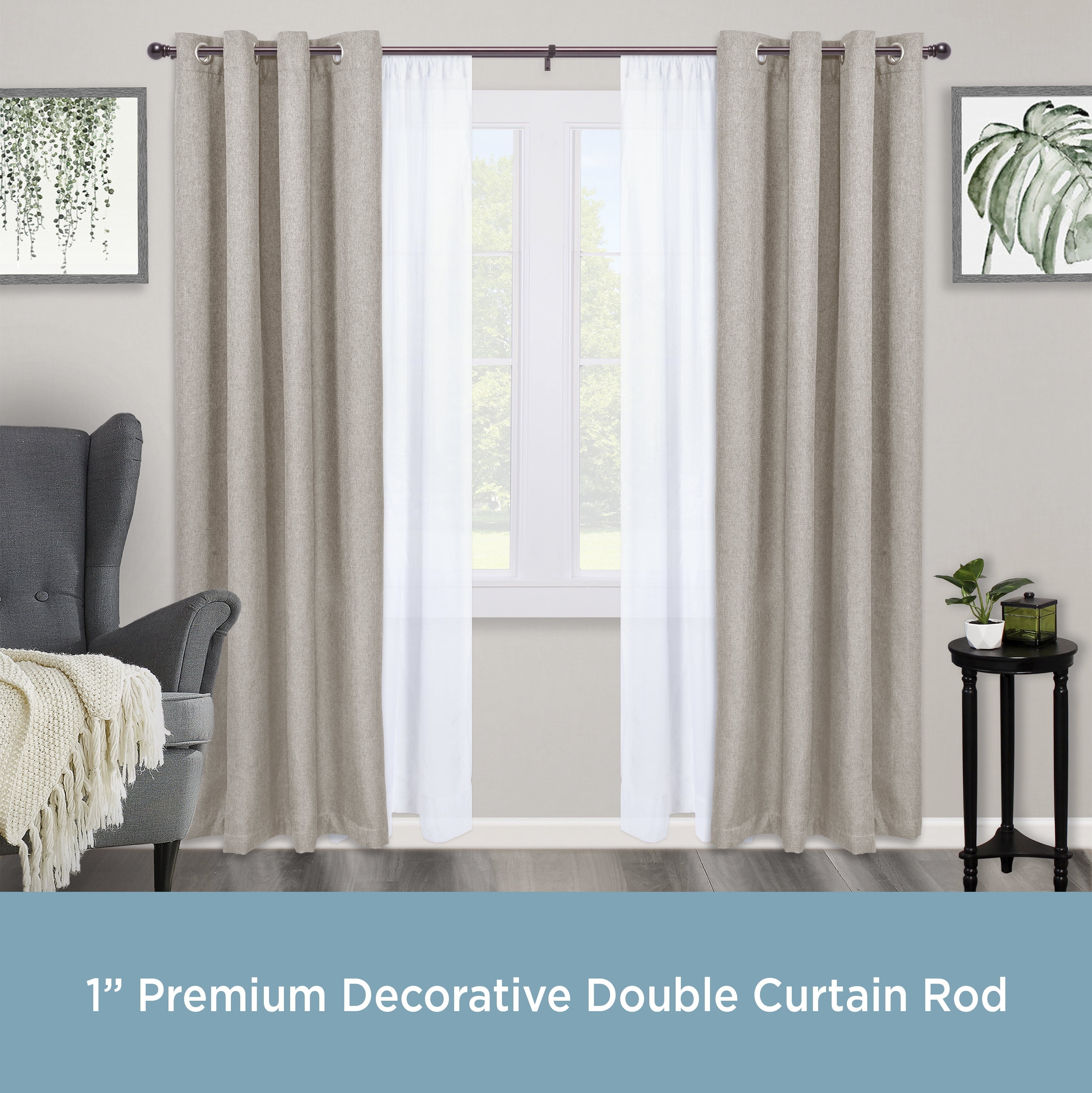 Kenney Hamlin Premium Steel Decorative Window Double Curtain Rod, 66-120" Adjustable Length, 1" Dia., Weathered Brown