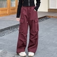 thumbnail image 2 of Girl Pants Girls Solid Straight Leg Cargo Pants Drawstring Elastic Waist Fashion Childrens Bottoms Streetwear for Kids Red 7 Years-8 Years, 2 of 6