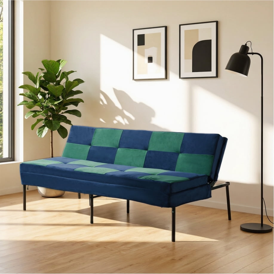 BSHTI 63.39" Velvet Convertible Futon Sofa Bed with 5-Position Adjustable Backrest , Twin Size Couch Sleeper Sofa for Living Room, Bedroom, Dormitory Navy blue&Green