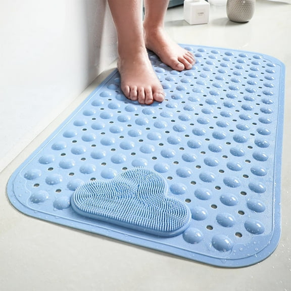 Non-Slip Bath Mat for Shower 27.56x15.75 - Heavy-Duty PVC Bathroom Floor Mat with Massage Texture, Waterproof Anti-Fatigue Mat for Elderly, Easy Clean Blue Bath Rug