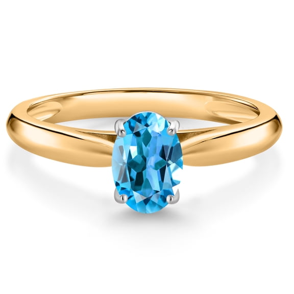 Gem Stone King 10K Yellow Gold Swiss Blue Topaz Solitaire Engagement Ring for Women (1.00 Cttw, Oval 7X5MM, Gemstone November Birthstone, Size 7)