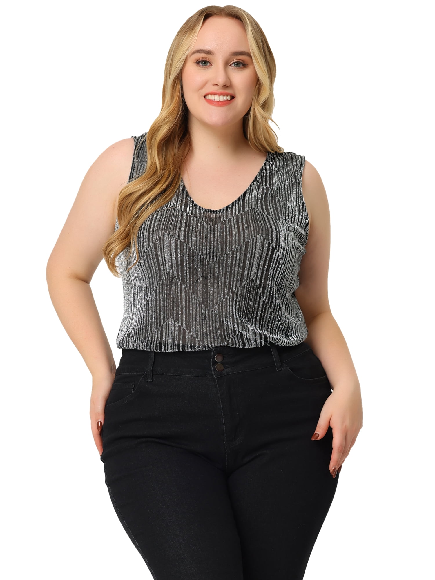 DARING DIVA Women's Plus Sequin Glitter Gradient Tank Club Party Vest 2X Silver