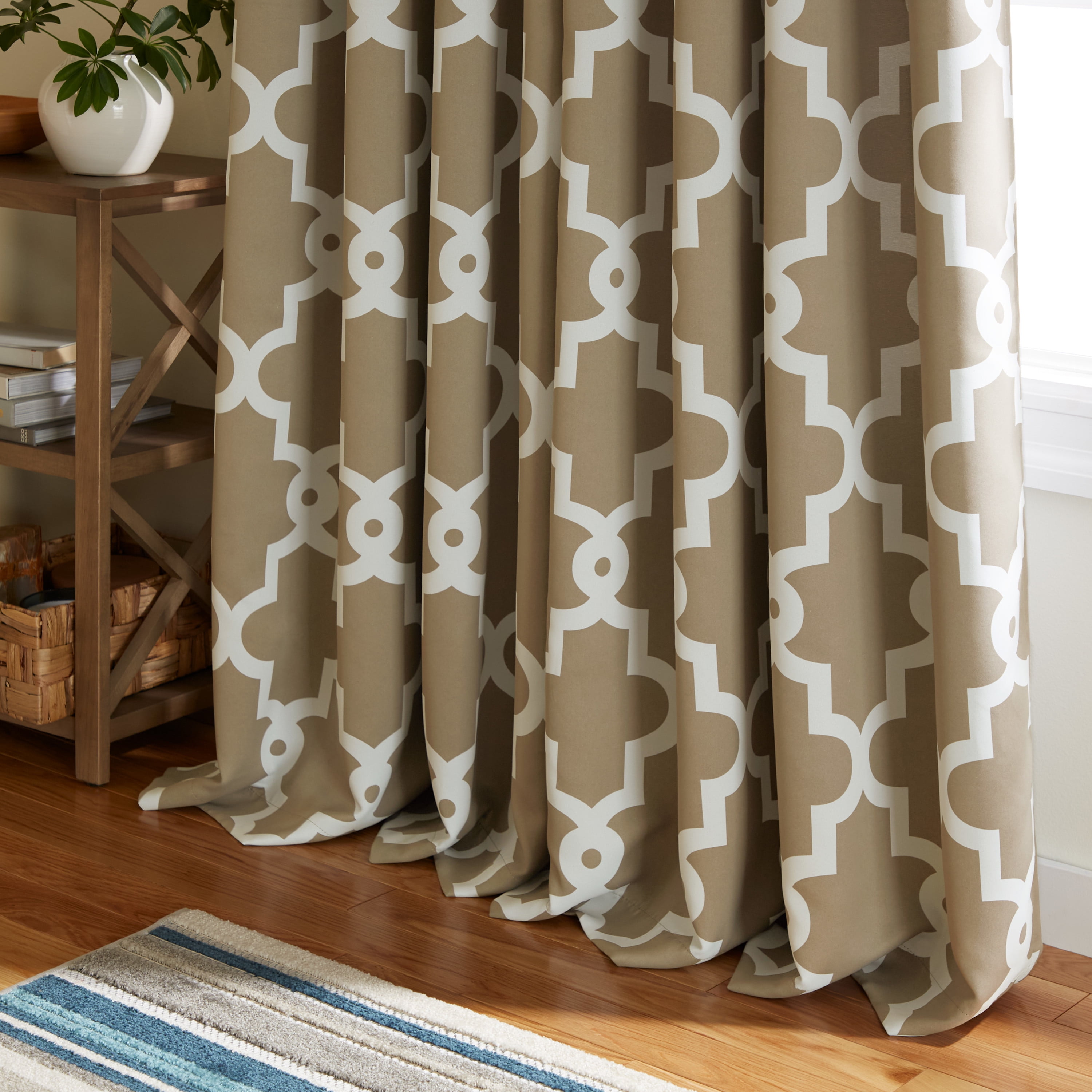 TOWN & COUNTRY EVERYDAY Ironwork Geo Trellis Sateen Indoor Curtains, Room Darkening Blackout, Grommet Top, Energy Efficient, 2-Pack Set, 52"x96", Taupe