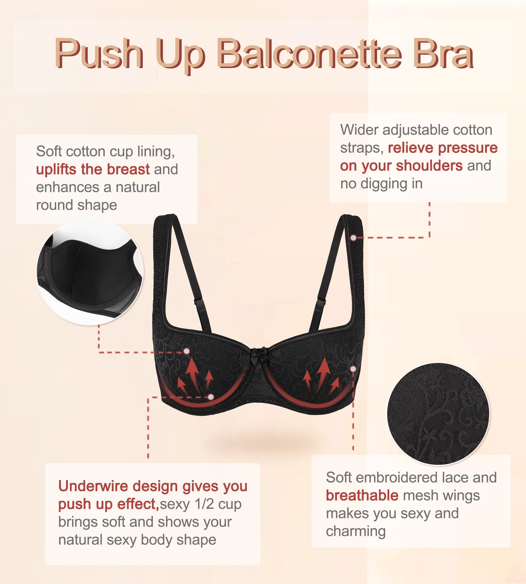 Exerin Women's Balconette Bra Demi Half Cup Underwire Lightly Padded(34C,Black)