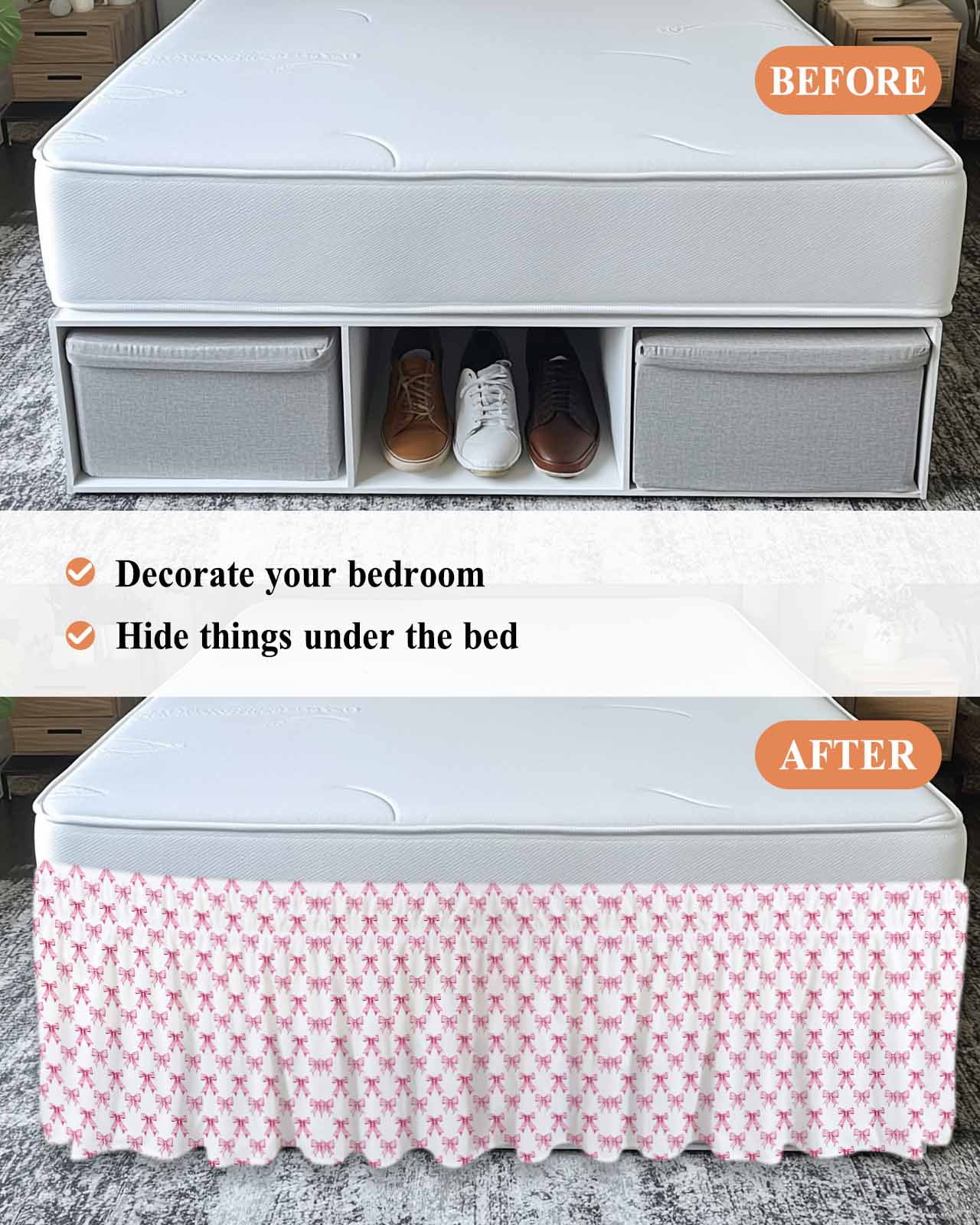 Cute Pink Bow Wrap Around Bed Skirts for Queen Bed 18" Drop, Bed Skirt with Adjustable Elastic Belt Dust Ruffle Bed Valance for Bedroom Hotel Luxury White Sweet Modern Watercolor Bed Frame Cover