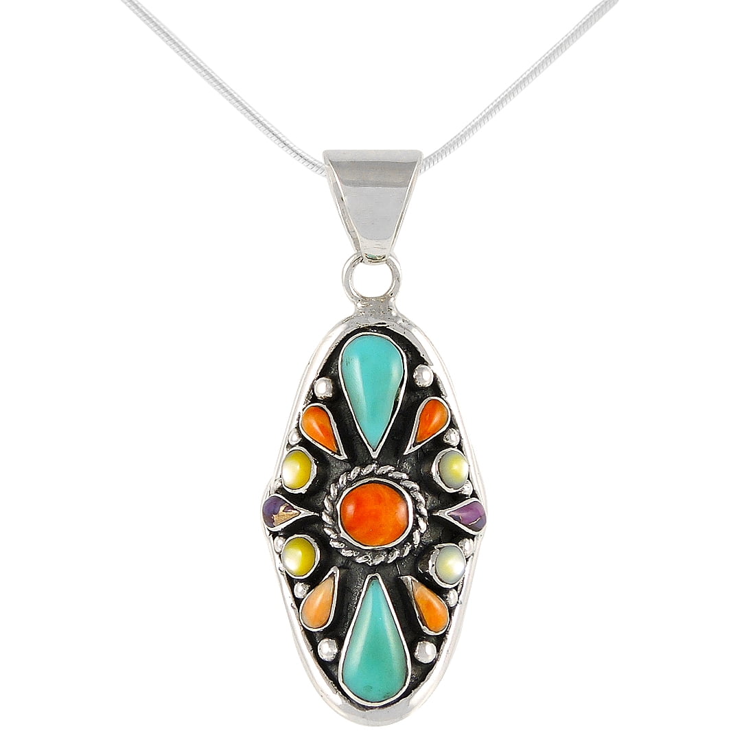 Turquoise Necklace 925 Sterling Silver & Genuine Turquoise and Semiprecious Gemstones Pendant 20 