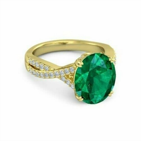 HeartsAndYou 4ct Oval Natural Green Emerald Moissanite Split Band Ring 14k SOLID Yellow Gold