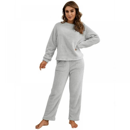 

Women Pajamas Autumn Winter Warm Coral Fleece Loungewear Solid Color Sleepwear 2-Piece Pullover and Pants Homewear Set