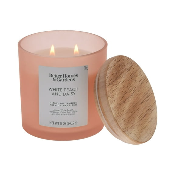 Better Homes and Gardens White Peach and Daisy Scented 2-Wick Frosted Jar Candle 12oz.